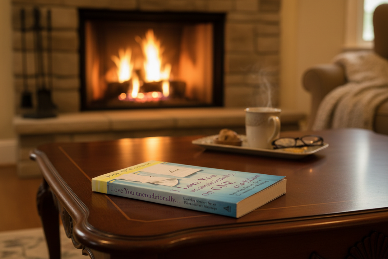 Book on coffee table with fireplace