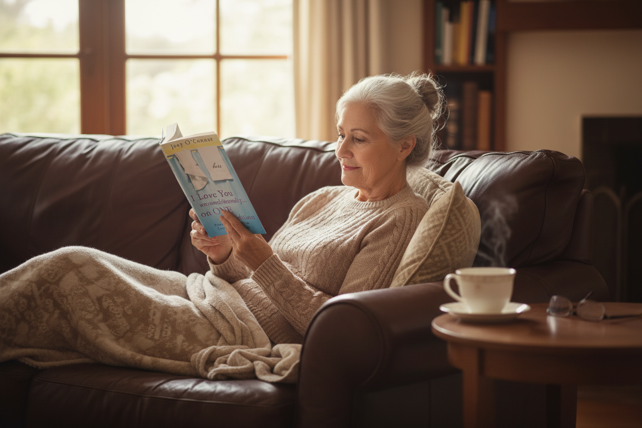Older woman reading on leather couch