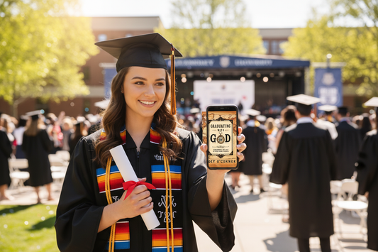 Graduate reading on iPhone with diploma