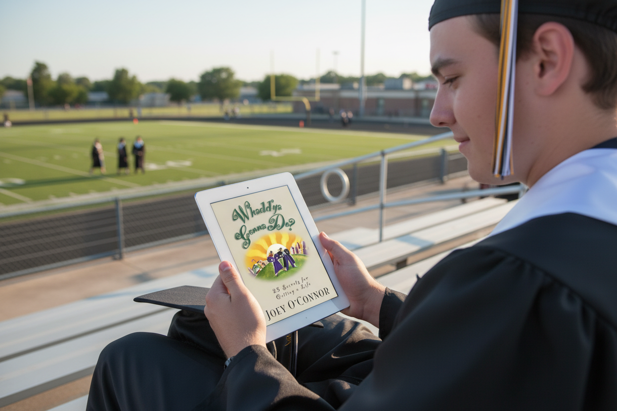 Graduate reading on tablet in bleachers