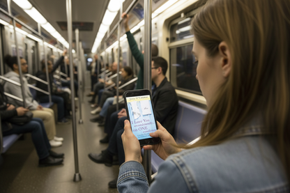 Over shoulder view woman reading on phone on subway