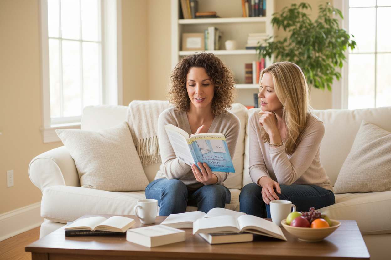 Two women reading and discussing the book