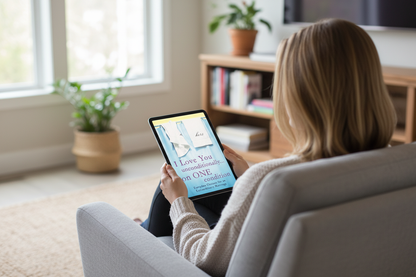 Woman reading book on iPad in vertical orientation