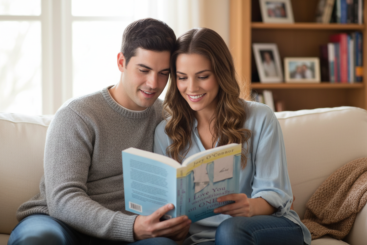 Young couple reading the book together